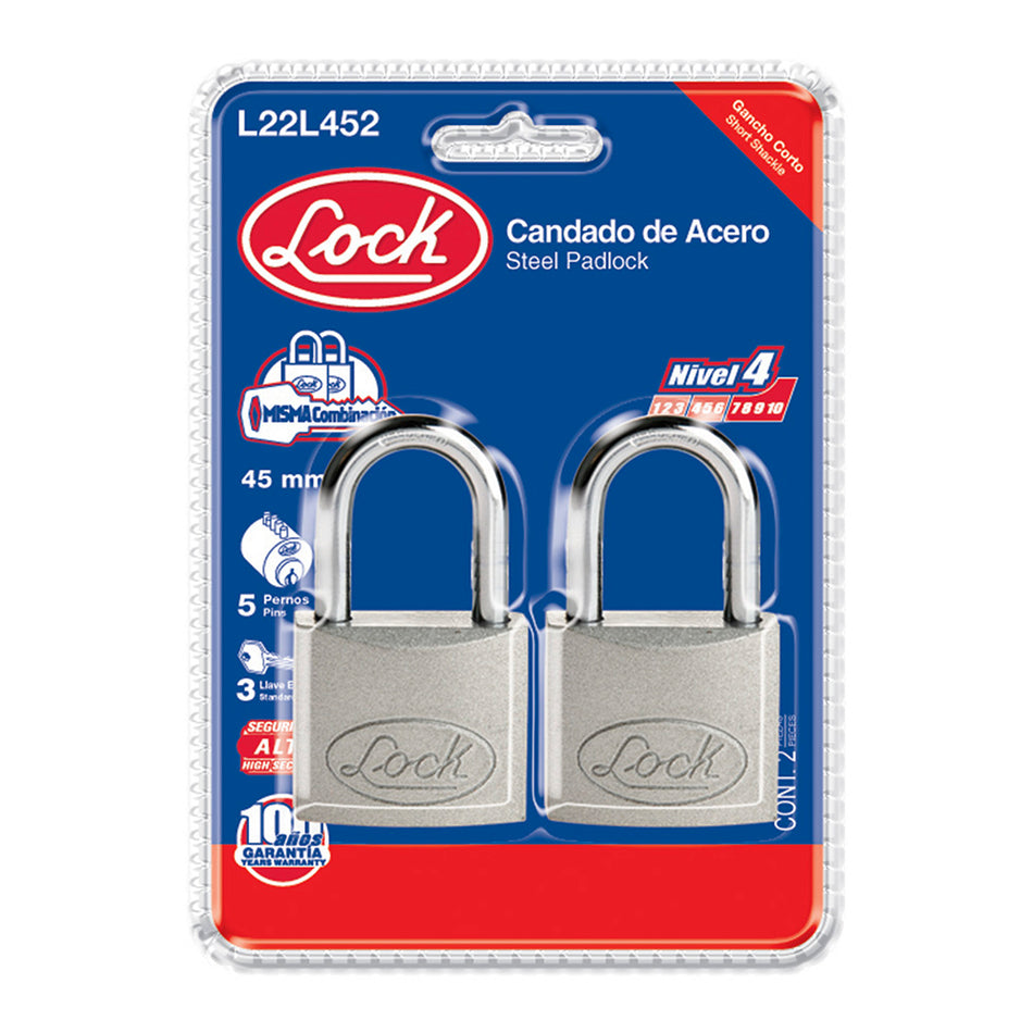 Juego de candados de acero largos 45 mm, llave estándar, 2 piezas Lock L22L452