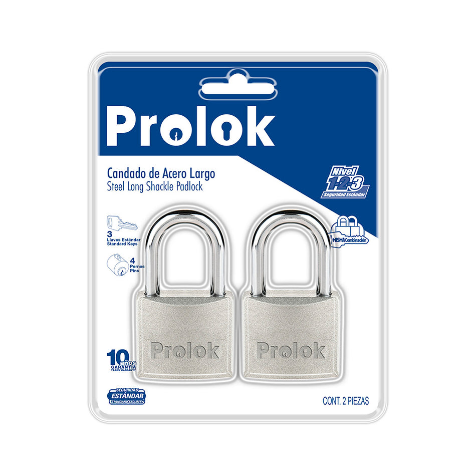Juego de candados de acero largos 45 mm, llave estándar, 2 piezas Prolok P22L452