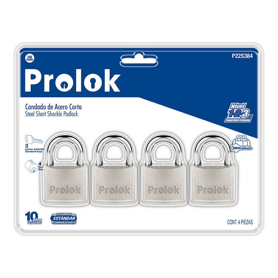 Juego de candados de acero cortos 38 mm, llave estándar, 4 piezas Prolok P22S384