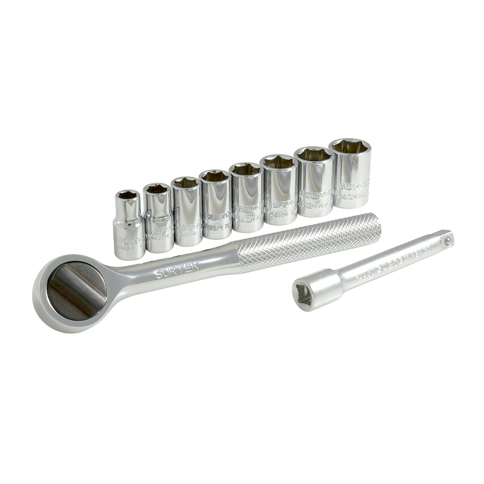 Juego de dados y accesorios cuadro de 1/4" métrico, 10 piezas Surtek A03M