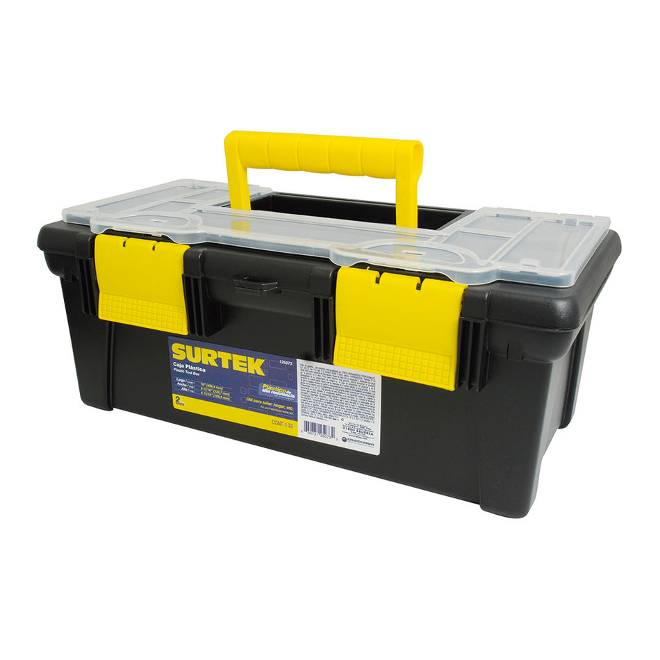 Caja portaherramientas plástica con broches plásticos y organizador color negro 16" x 8" x Surtek 125073