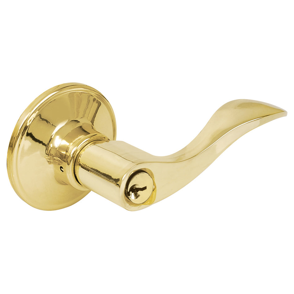 Manija tubular curva función entrada y recámara, latón brillante, llave estándar, blíster Lock 18MA