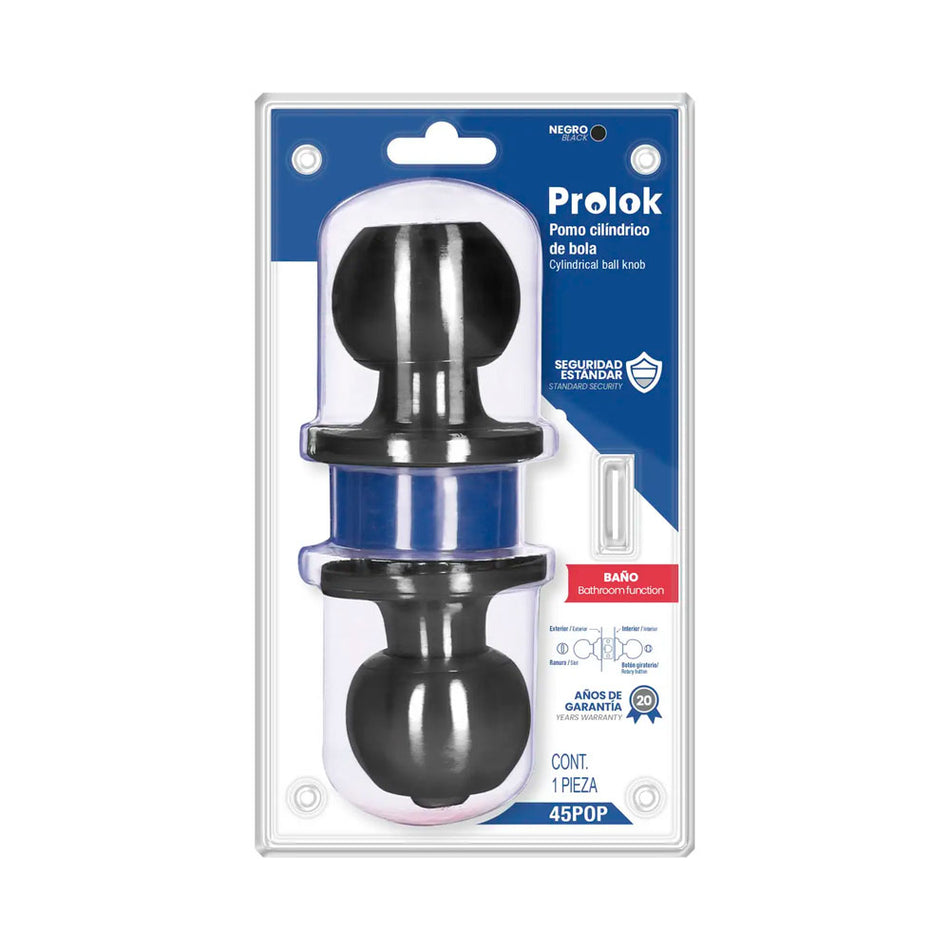 Pomo cilíndrico bola función baño, acero negro, llave estándar Prolok 45POP
