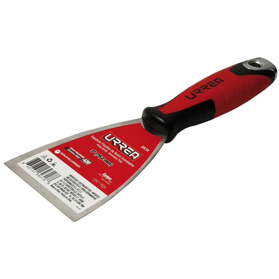 Espátula flexible de acero inoxidable con mango bimaterial 3" Urrea 653X