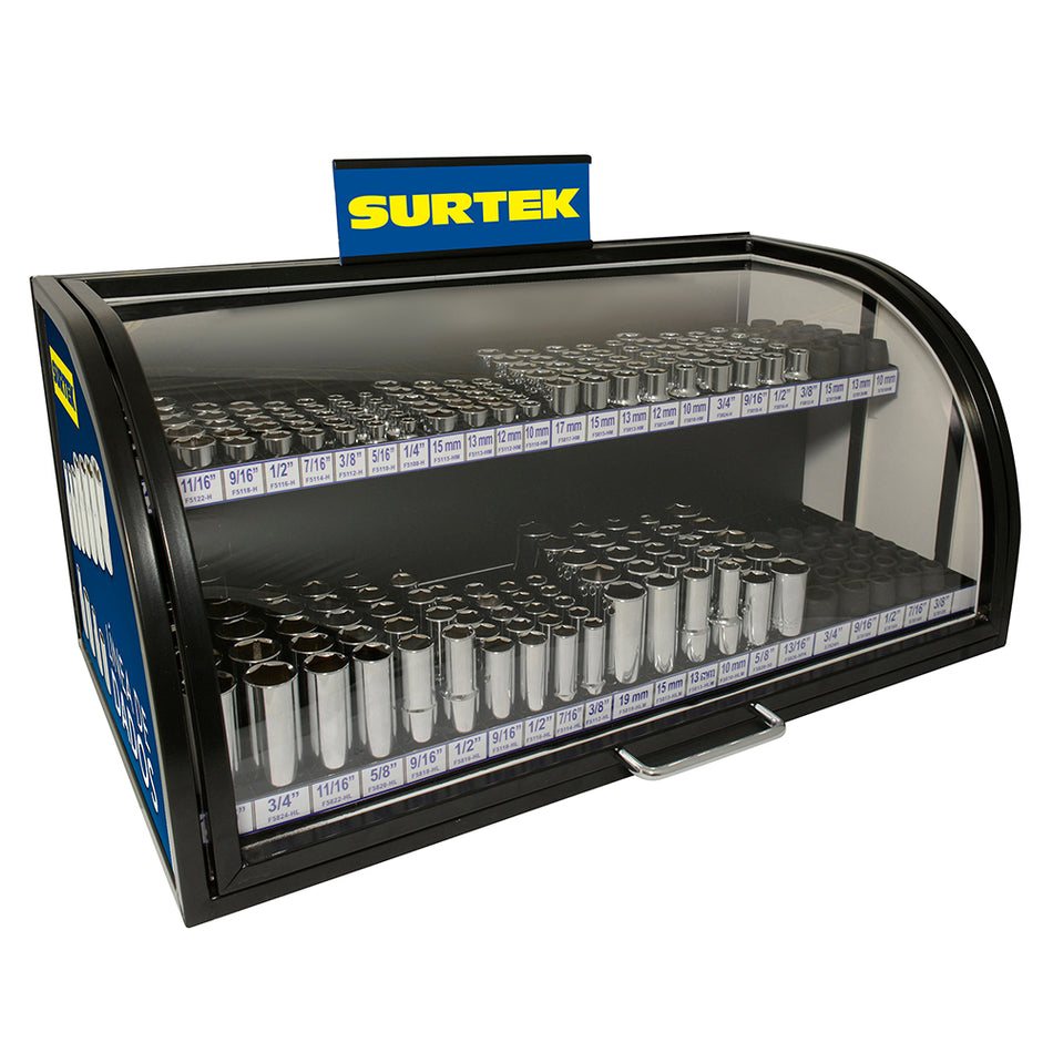 Exhibidor con dados cortos y largos cuadro de 3/8" y 1/2", 271 piezas Surtek 126094