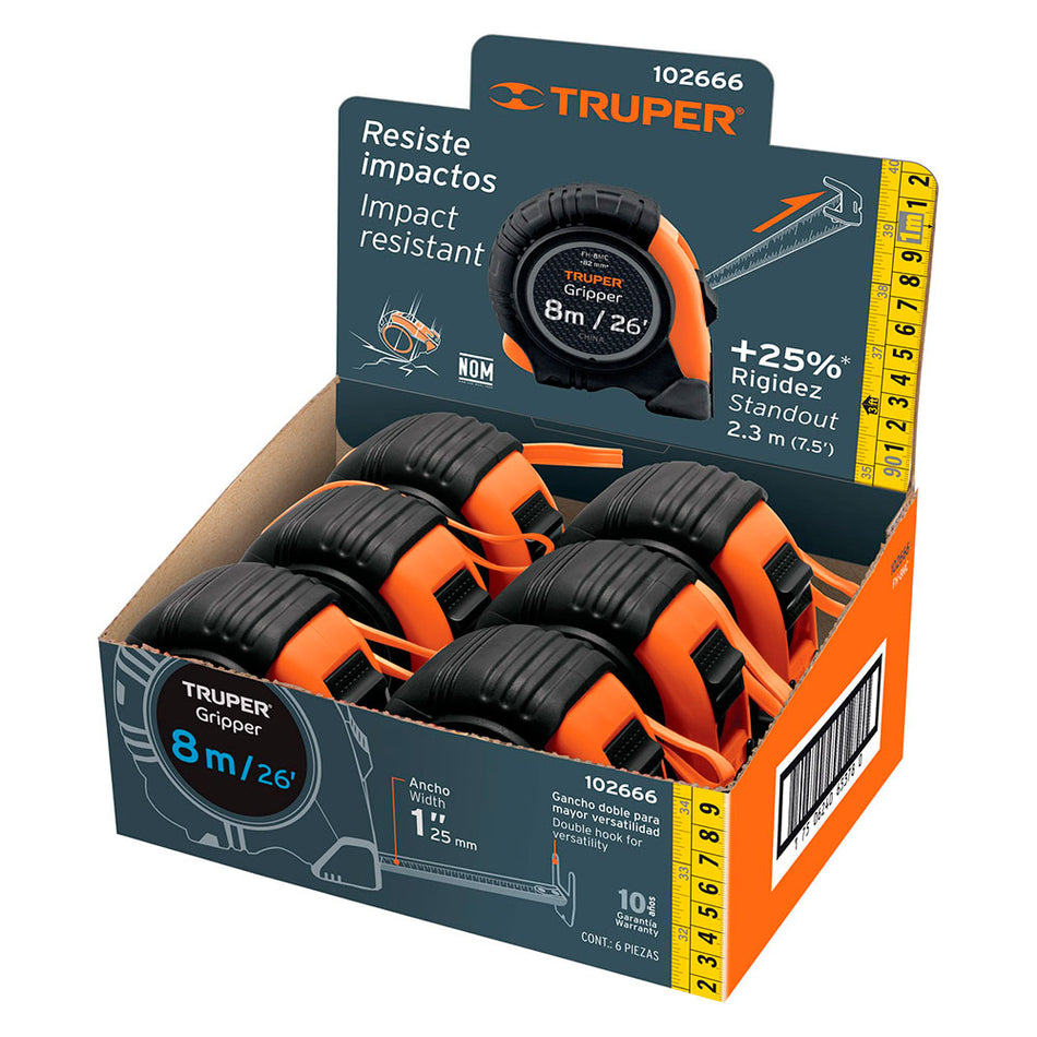 Flexómetro Gripper 8 m cinta 25 mm displ