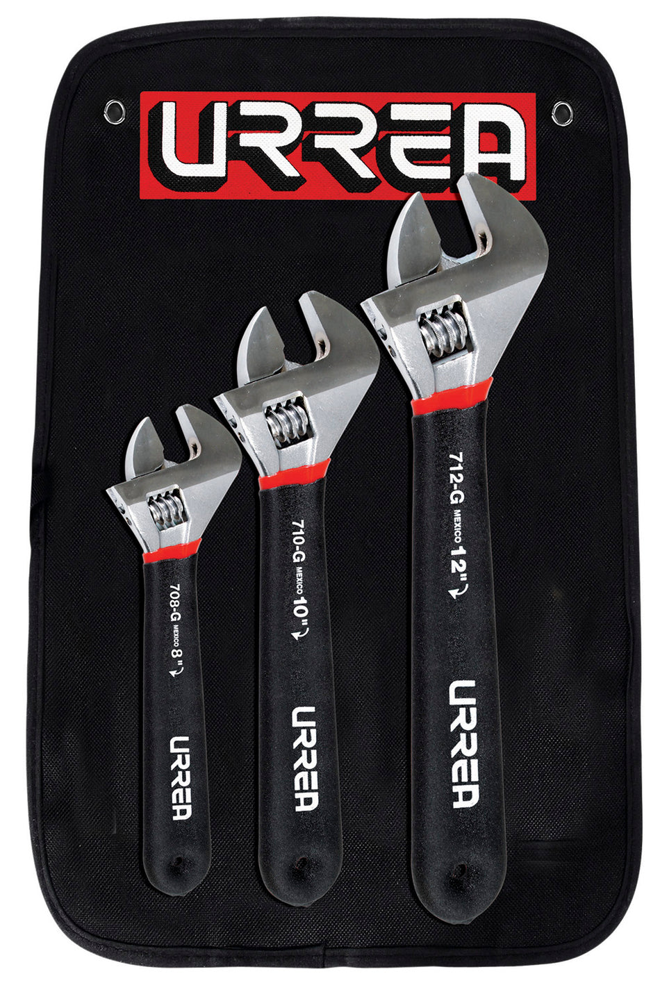 Juego de llaves ajustables cromadas con mango Rubber Grip, 3 piezas en estuche Urrea 795G