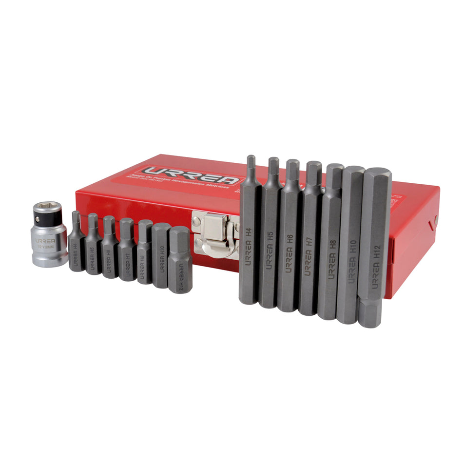 Juego de puntas hexagonales hexágono de 3/8" mét, con adaptador, 15 pz en caja metalica Urrea J2415M