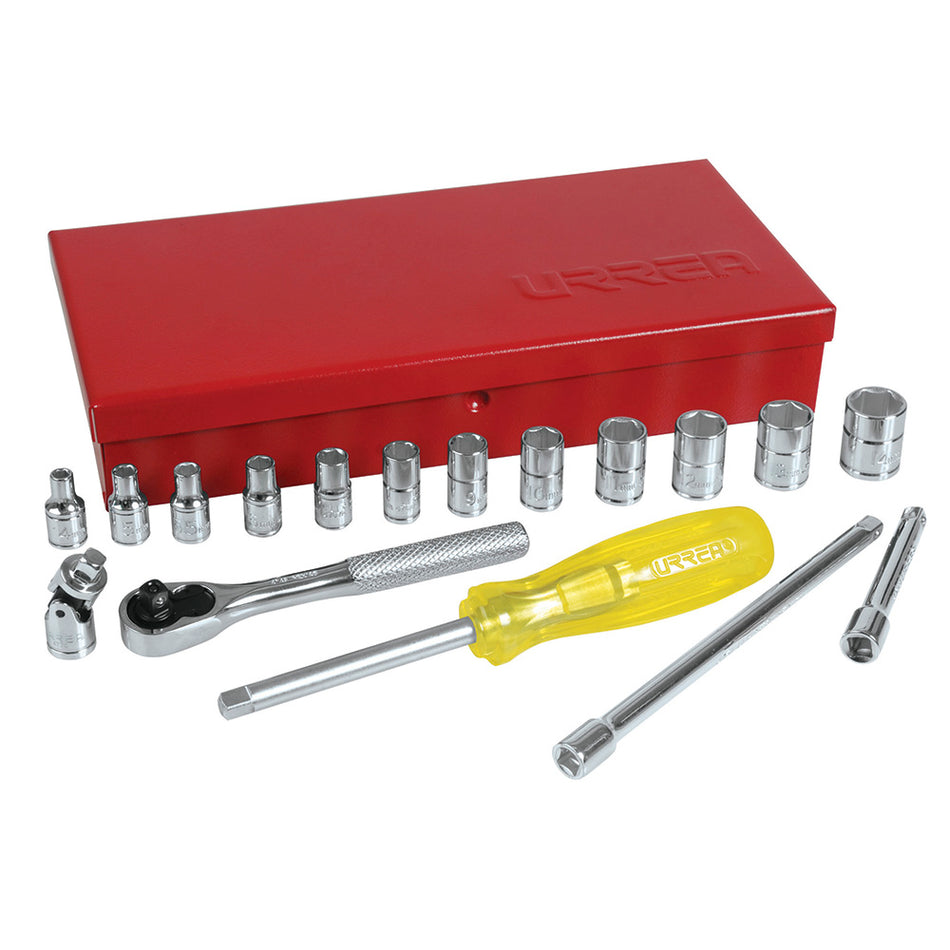 Juego de dados y accesorios cuadro de 1/4" métrico, 18 piezas Urrea 47205