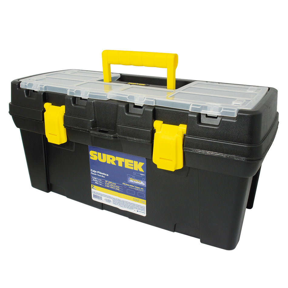 Caja portaherramientas plástica con broches plásticos y organizador color negro 20" x 9" x Surtek 125074
