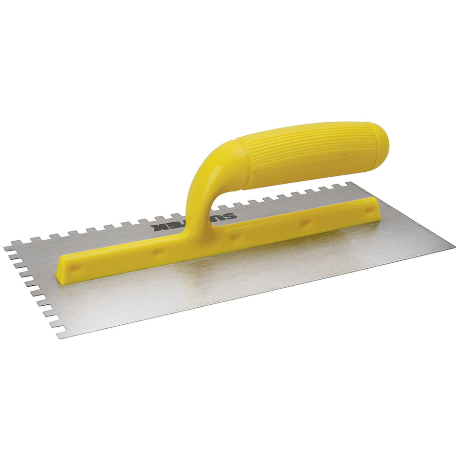 Llana dentada cuadrada de acero al alto carbón con mango de plástico 11" x 5" Surtek 123188