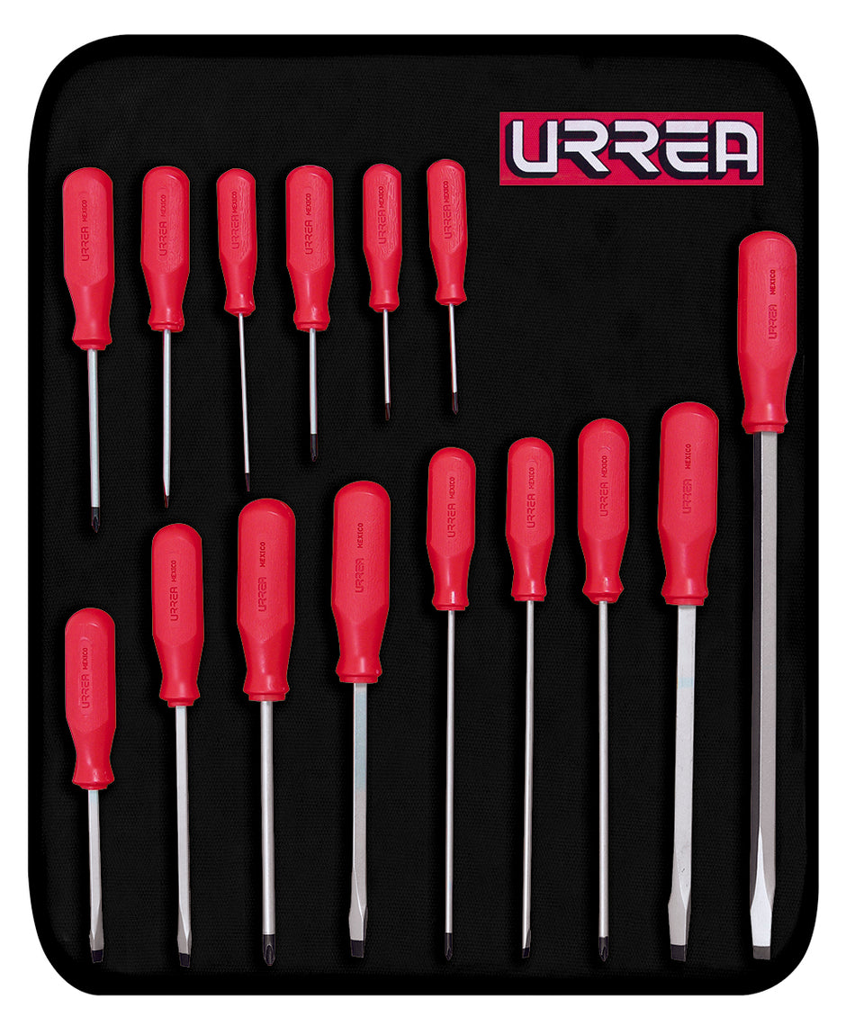 Juego de destornilladores con mango rojo, combinados, 15 piezas en estuche Urrea 9600ER