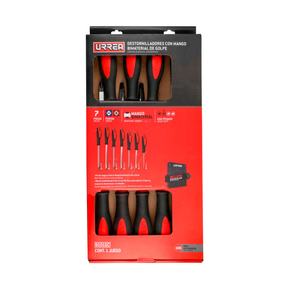 Juego de destornilladores con mango bimaterial de golpe, combinados, 7 piezas en estuche Urrea 9101GC