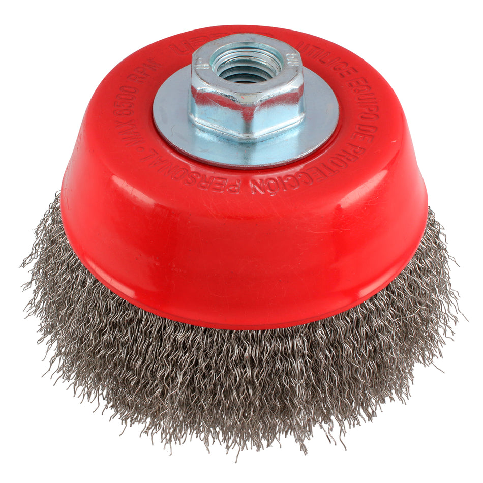 Carda copa ondulada alambre delgado de acero inoxidable 5" x 0.30 mm con rosca 5/8" Urrea C936