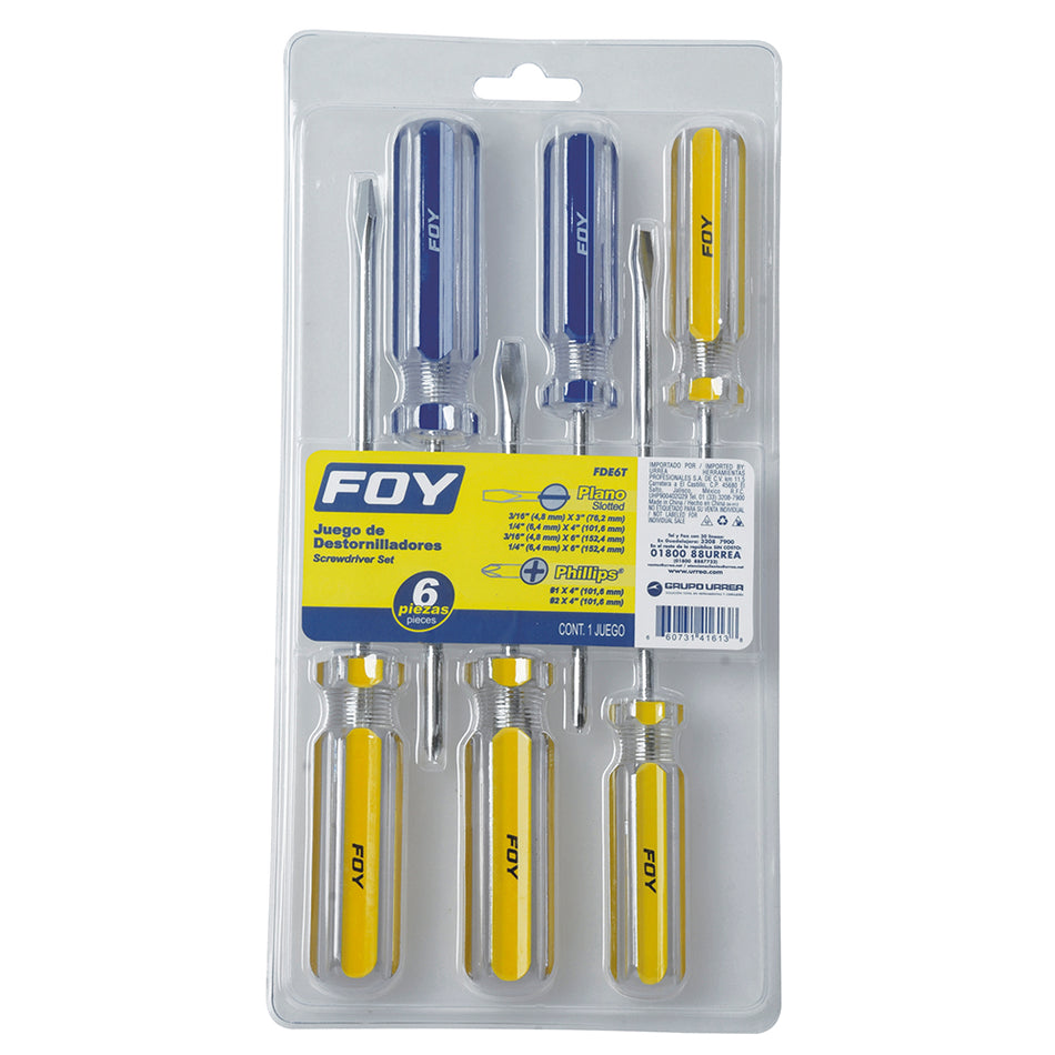 Juego de destornilladores con mango de PVC combinados, 6 piezas en blíster Foy FDE6T