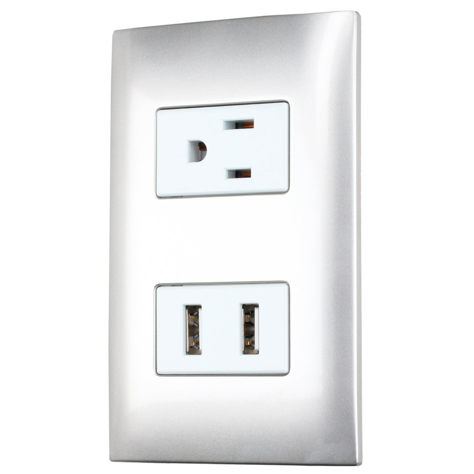 Placa 1 contacto 1 USB doble 1/3, línea Americana, color plata Surtek P432P