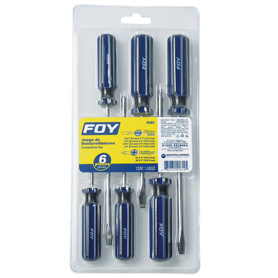 Juego de destornilladores con mango de PVC combinados, 6 piezas en blíster Foy FDE6