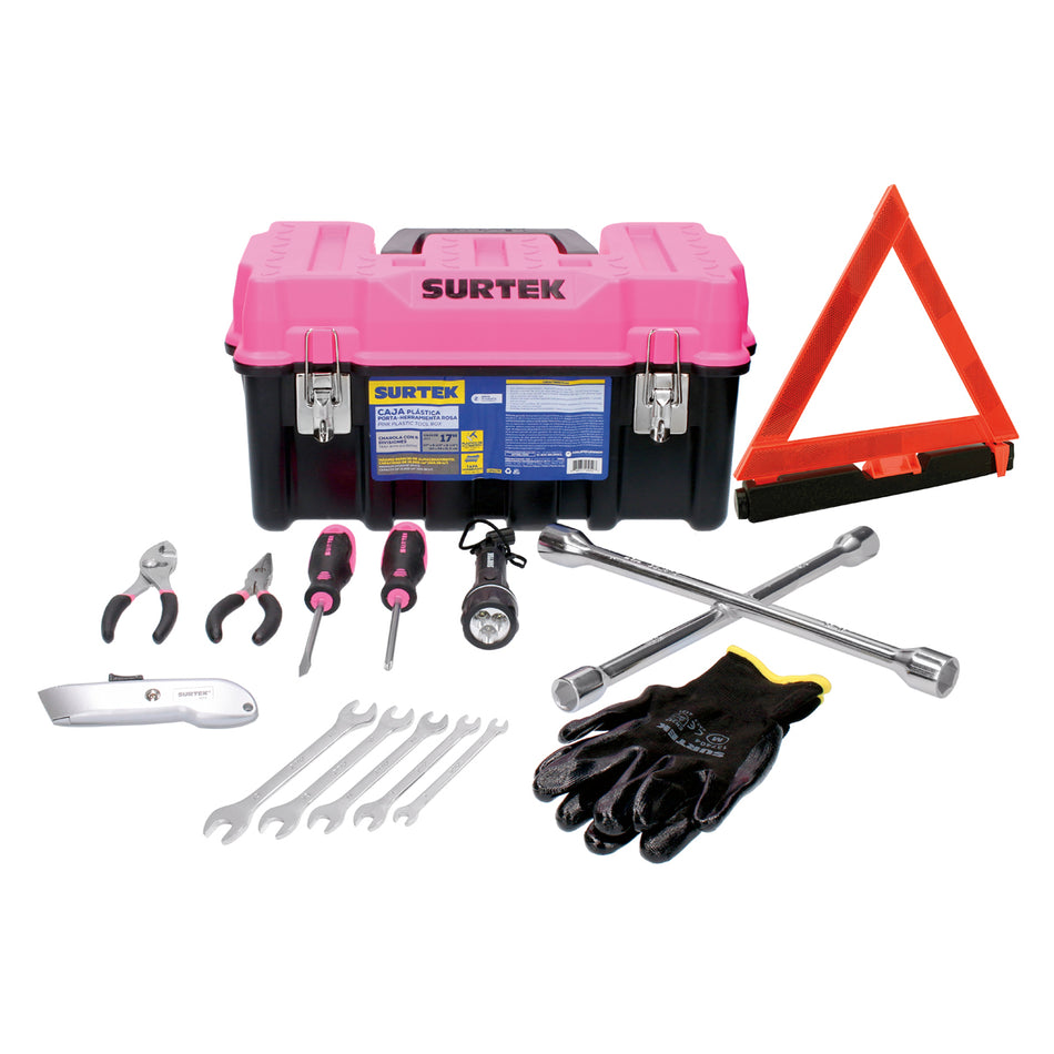 Juego combinado de herramienta automotriz 11 piezas, con caja plástica rosa Surtek JA11P