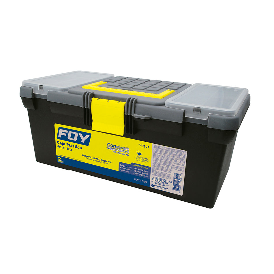 Caja portaherramientas plástica con broches plásticos y organizador color negro 16" x 7" x Foy 143201