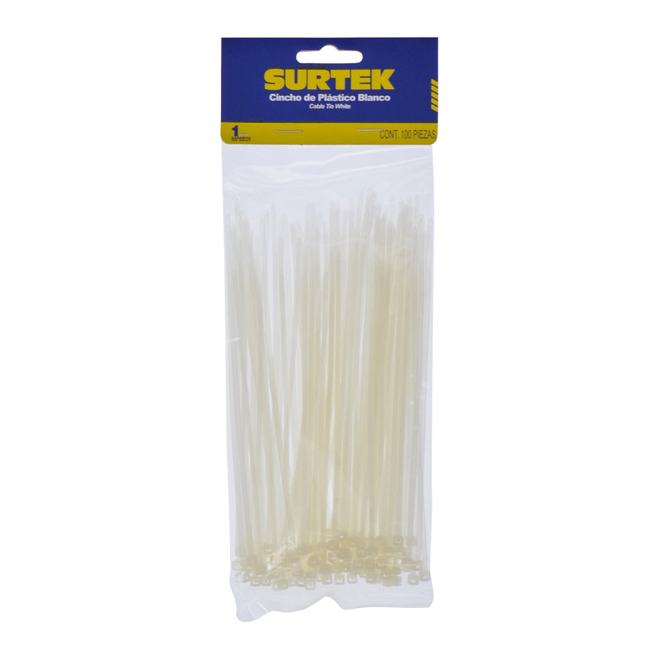 Cinchos plásticos 165 x 2.5 mm, tensión 8 kg de 100 piezas, color natural Surtek 114202