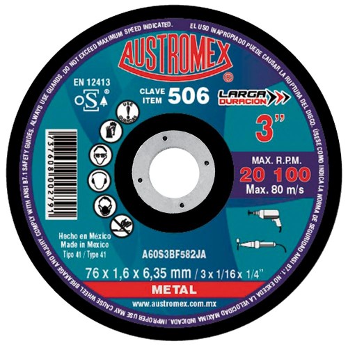 AUSTROMEX - 506 - Disco corte p/ metal 3" x 1/16" x 1/4"