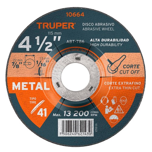 Disco de 4-1/2' para corte de metal, tipo 41, Truper 10664