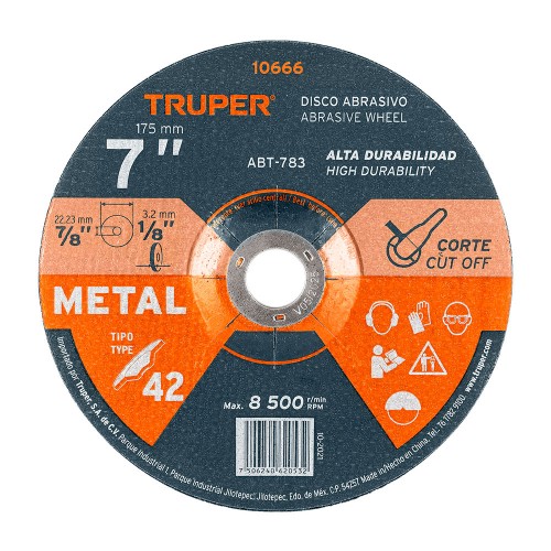 Disco Tipo 42 de 7' x 3.2 mm para corte de metal, Truper 10666