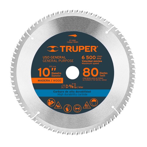 Disco sierra 10' para madera, 80 dientes centro 5/8', Truper 12683