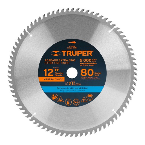 Disco sierra 12' para madera, 80 dientes centro 1', Truper 12684