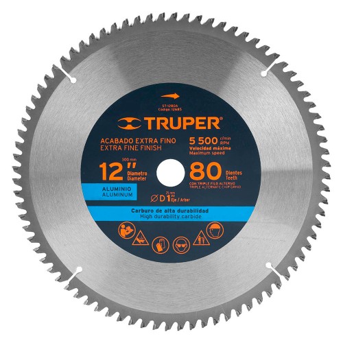 Disco sierra 12' para aluminio, 80 dientes centro 1', Truper 12685