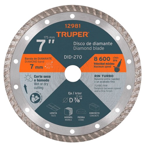 Disco de diamante de 7' x 2.8 mm rin turbo, Truper 12981