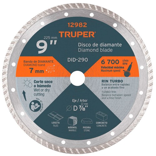 Disco de diamante de 9' x 3 mm rin turbo, Truper 12982