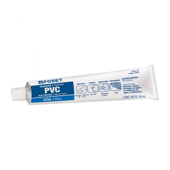 Cemento azul para PVC en tubo de 50 ml, alta presión, Foset 42023