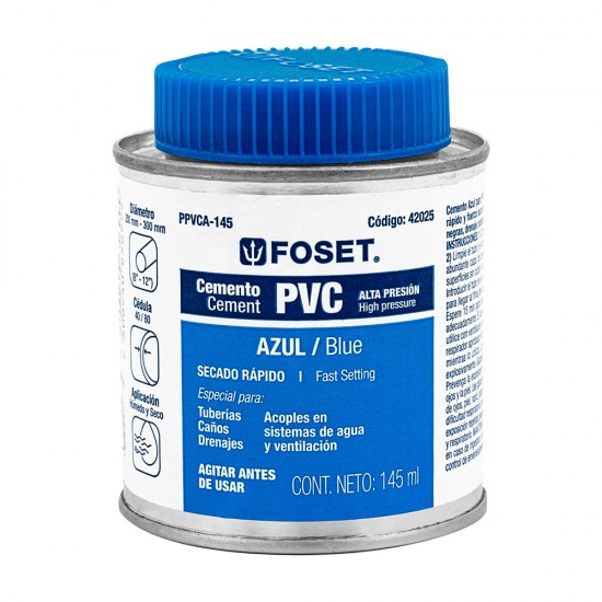 Cemento azul para PVC en bote de 145 ml, alta presión, Foset 42025