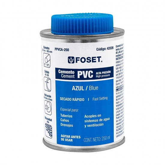Cemento azul para PVC en bote de 250 ml, alta presión, Foset 42026