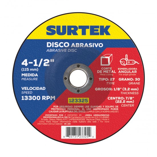 Surtek - 123325 - Disco abrasivo tipo 27 para corte de met